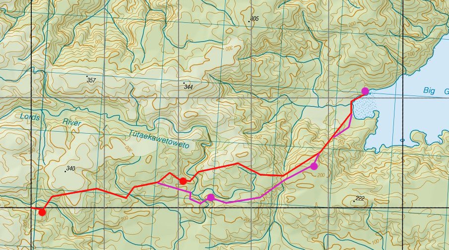 A close-up of Rakiura LINZ map.  The map we were using, approximate approach in in red, out in purple. Campsites marked with larger circles.