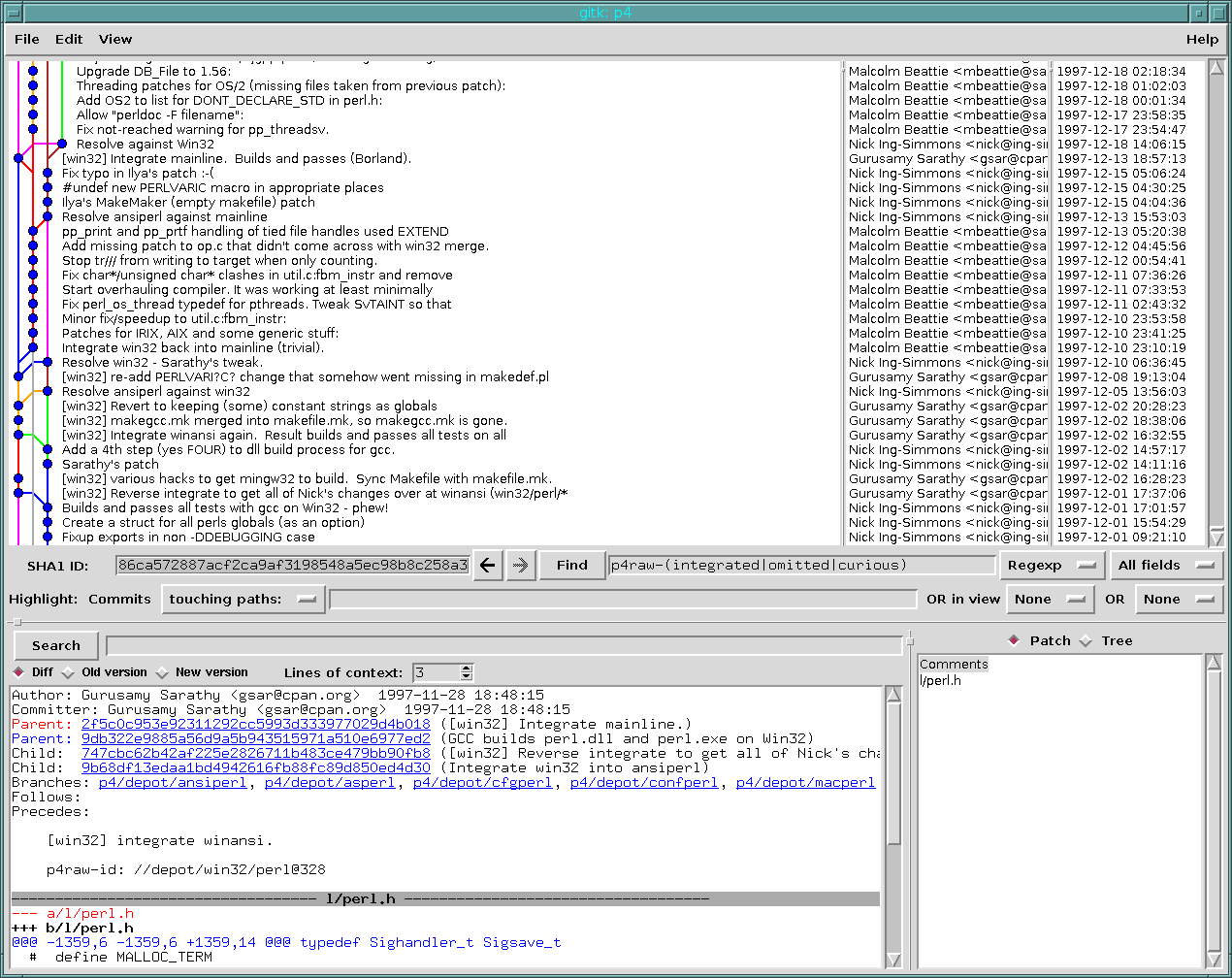 'gitk' looking at some of the converted perforce history