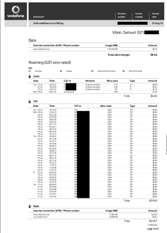 an excerpt from a Vodafone Invoice