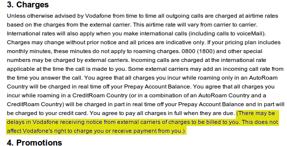 An excerpt from vodafone roaming terms and conditions