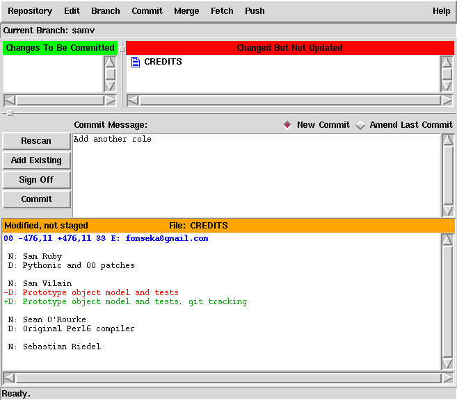 A screenshot of `git-gui' on the example repository