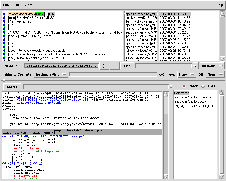A screenshot of `gitk' on the example repository