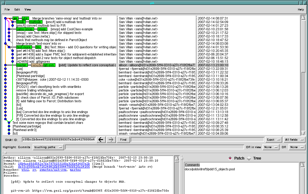 A screenshot of `gitk --all' showing just the published changes from the night of hacking