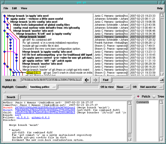 Feature branches: the main 'trunk' just becomes a space for merges to terminate.  Junio is acting as a continual integration server, merging features from other people when they meet his unwritten strictures.